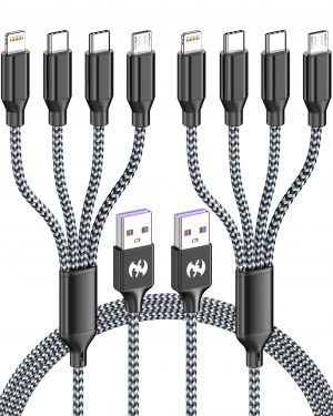 Multi Charging Cable 4ft 2Pack, Doub Tyep-C 4 in 1 Charging cable Nylon Braided Lightning iPhone Charger,Universal Charger Phone Cord With Type-C,Micro USB,IP Port for iPhone17-5/Android -Black Grey
